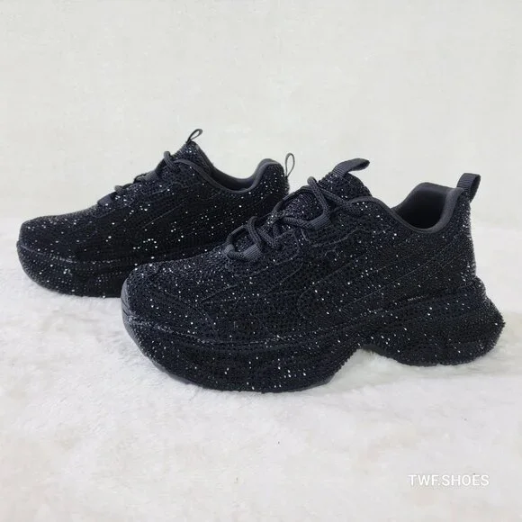 Cush Dazzle Sport Rhinestone Comfy Platform Light Weight Sneakers Black - Picture 1 of 6